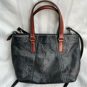Fossil handbag leather vintage black & brown tooled paisley design shoulder bag